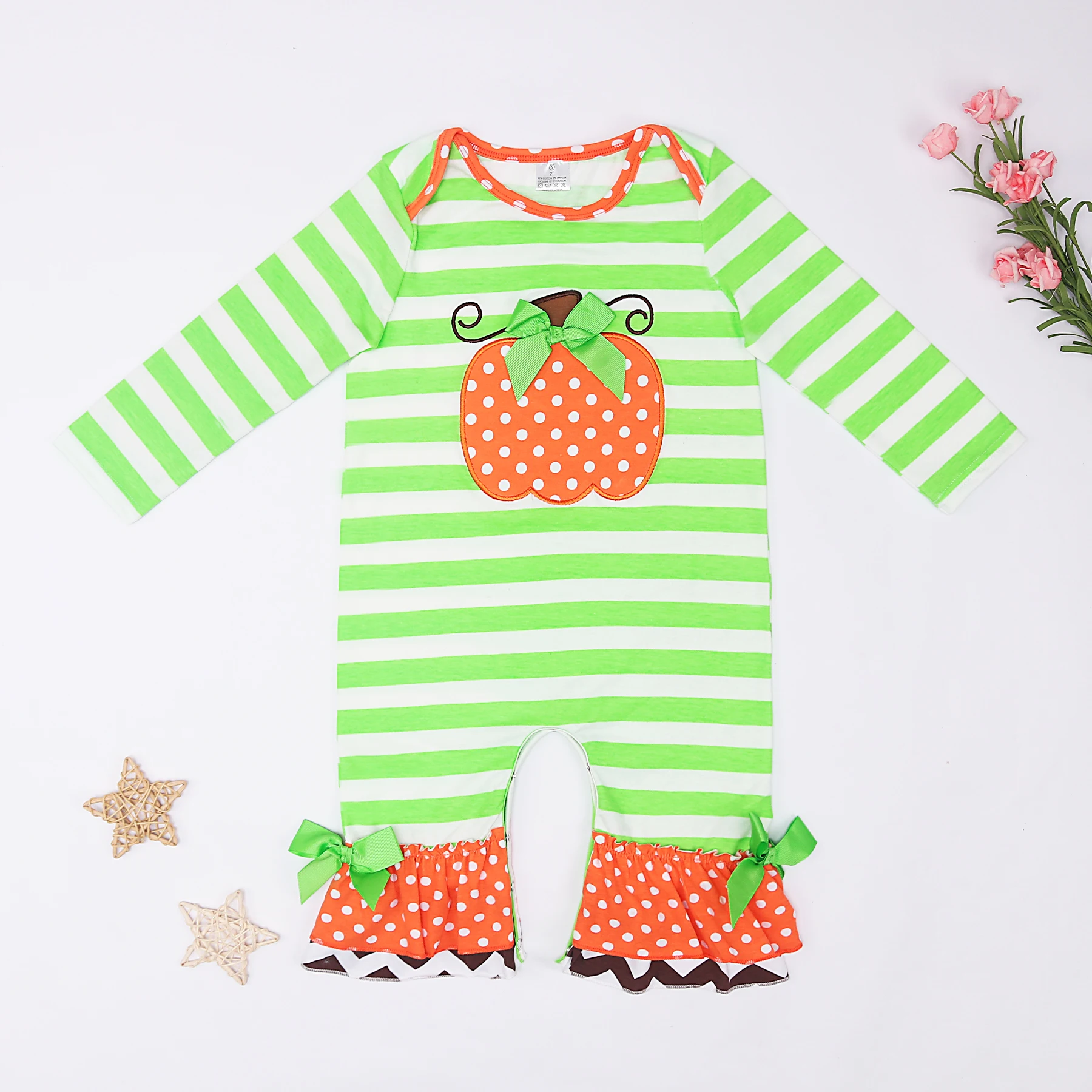 

Halloween Style Children Green Sleepwear Bubble Cotton Boutique Sweet Bows Pumpkin Applique Ropmer Kids Pants Set For 0-3m