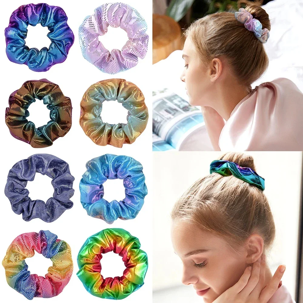 

10 Pcs Set of Laser Fabric Hair Rings with Gold Stamping and Dual Color Gradient Pig Large Intestine Ring Flower Heads Wholesale
