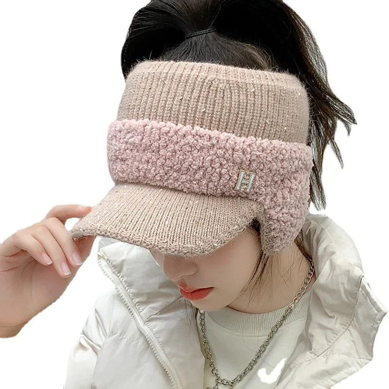 Autumn Winter Warm Baseball Caps Women Cycling Knitted Ear Protection Cap Empty Top Earmuffs Woolen Hat