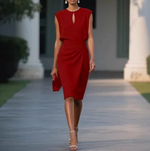 

Women's Dress Summer New French Elegant Temperament Commuting Style Solid Color Round Neck Hollow Design Hip Hugging Dress