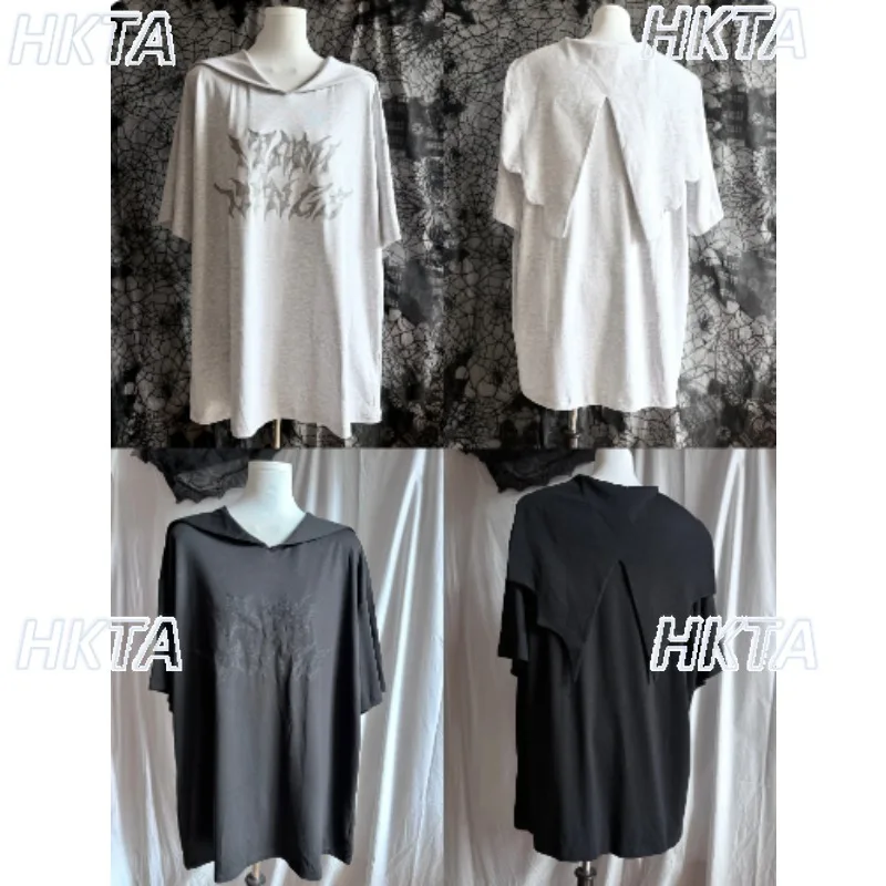 Subculture Dark Loose Oversized Short Sleeve Tshirt Summer Goth Hot Diamond Print Lotus Leaf Collar Black T Shirt Long Top Women