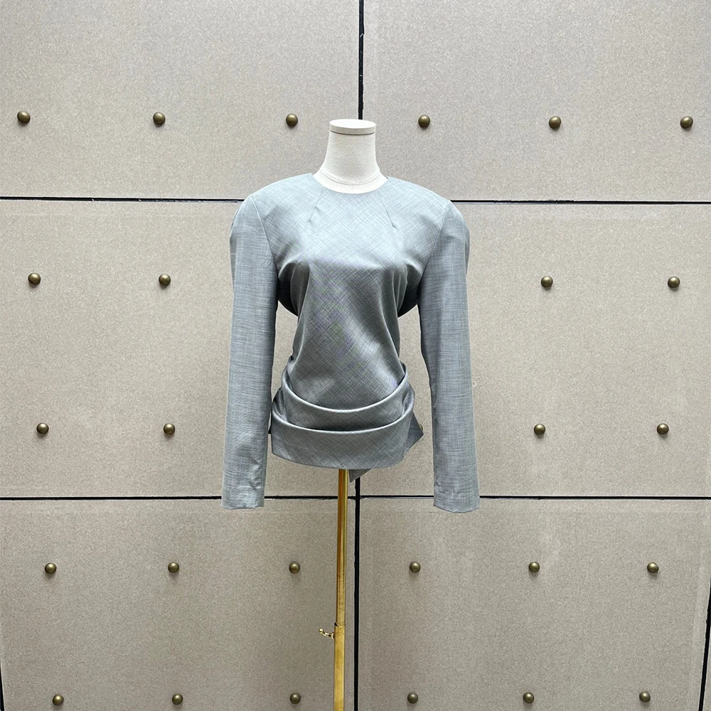 Women Elegant Round Neck Long Sleeve Blouse Back Tie Waist Bandage Slim Fit Shirt Office Commuter Chic Ladies Irregular Hem Top