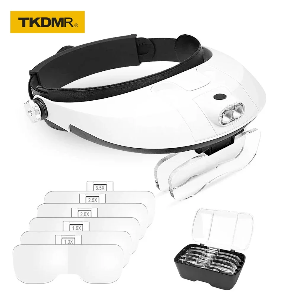 

TKDMR Headband Multi Functional Illuminated Glasses Magnifier 2LED 5 Interchangeable Lens Magnifying Glass FOR Read Repair Tool