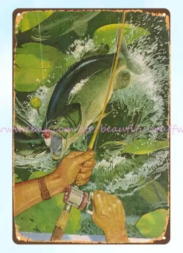 1954 painting Black Bass Taking a Plug in the Lilly Pads metal tin sign plaque