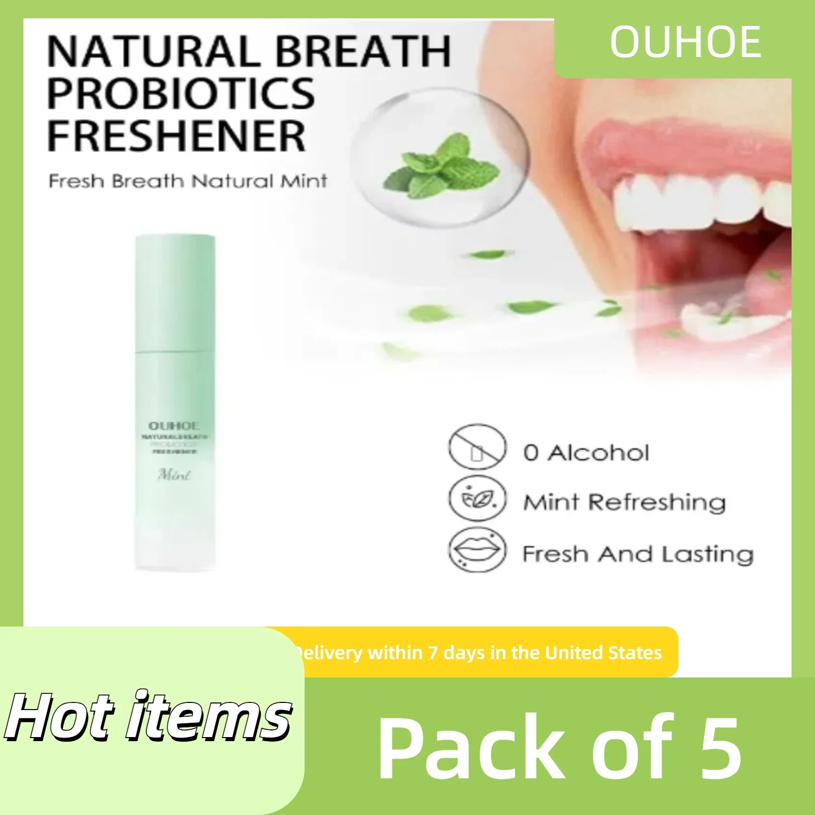 5pcs Probiotic Breath Freshener Oral Spray Natural Formula Portable Effective in Removing Bad Breath Mint Flavored Mouth Spray