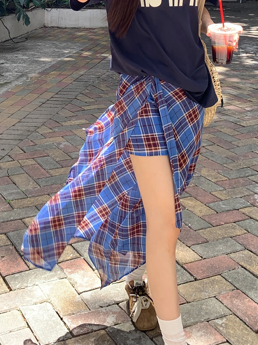 Blauwe geruite A-lijn rok Onregelmatige zoom Dames Zomer Faionable Rokken Casual lage taille Polyestervezel Rechte buis