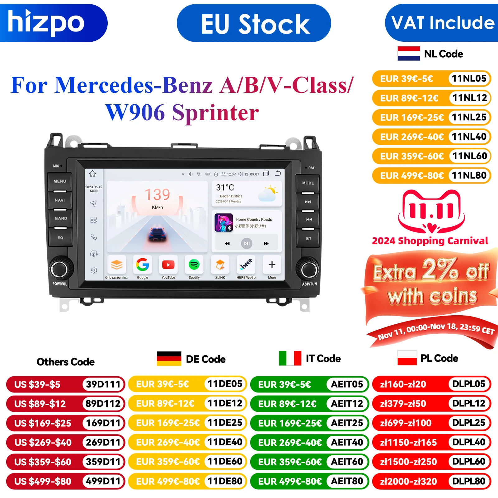 Carplay 4G-LTE 7'' 2Din Android Car Radio GPS for Mercedes Benz B200 Sprinter W906 W639 AB Class W169 W245 Viano Vito Audio WIFI