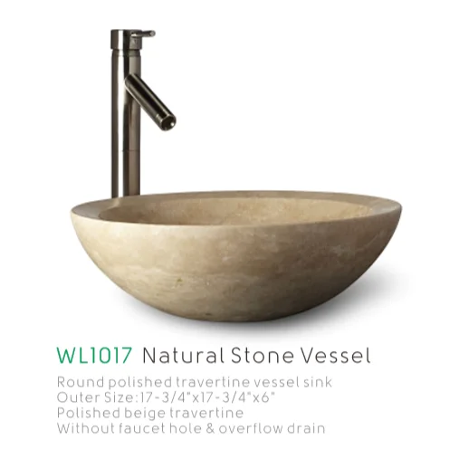 Top Quality Polished Round Beige Travertine Natural Stone Vessel Art Hand Wash Basin Above Counter Sink for Bathroom