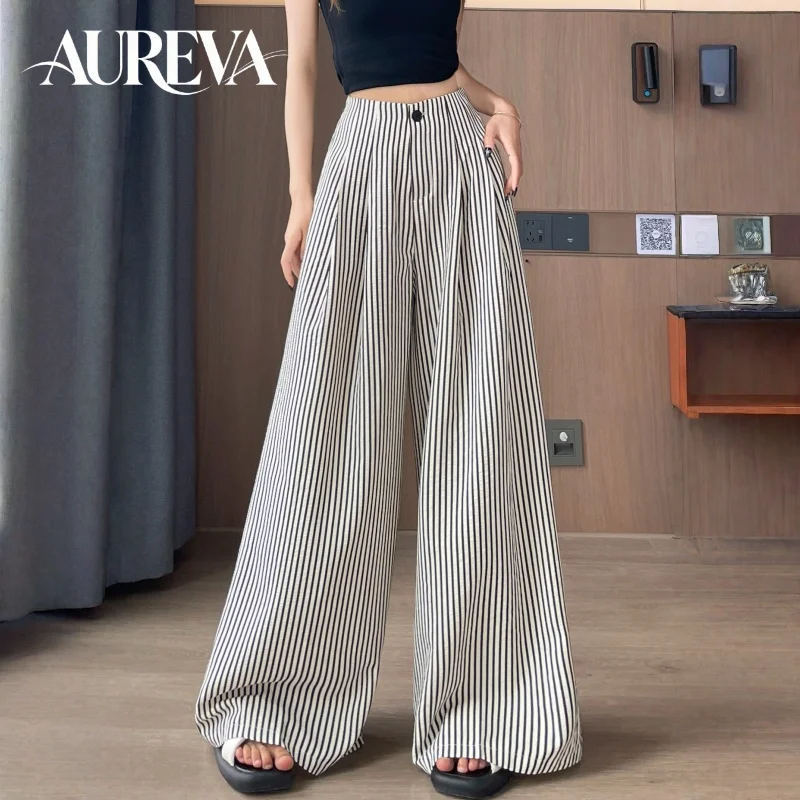 Women's High Waist Wide Leg Pants Ice Silk Striped Slimming Loose Casual Draping Straight Floor Length Suit Trousers
