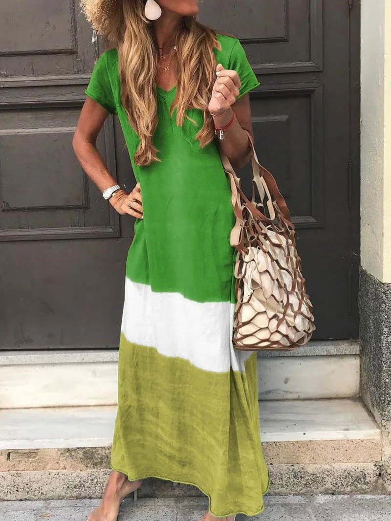 جديد وصول المرأة موضة فساتين طويلة الخامس الرقبة فستان كاجوال ملابس بأكمام قصيرة المرأة 2025 فستان طويل موضة جديدة المرأة BA8P