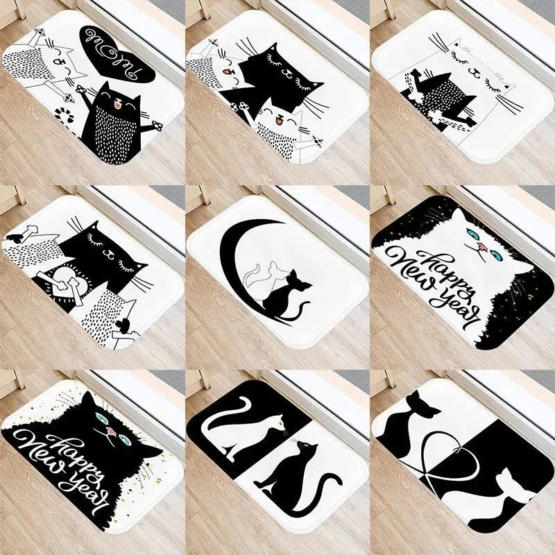 Cute Cartoon Cat Faces Carpet Black White Kawaii Minimalist Home Decoration Rug Living Room Non-slip Floor Mat Kitchen Balcony