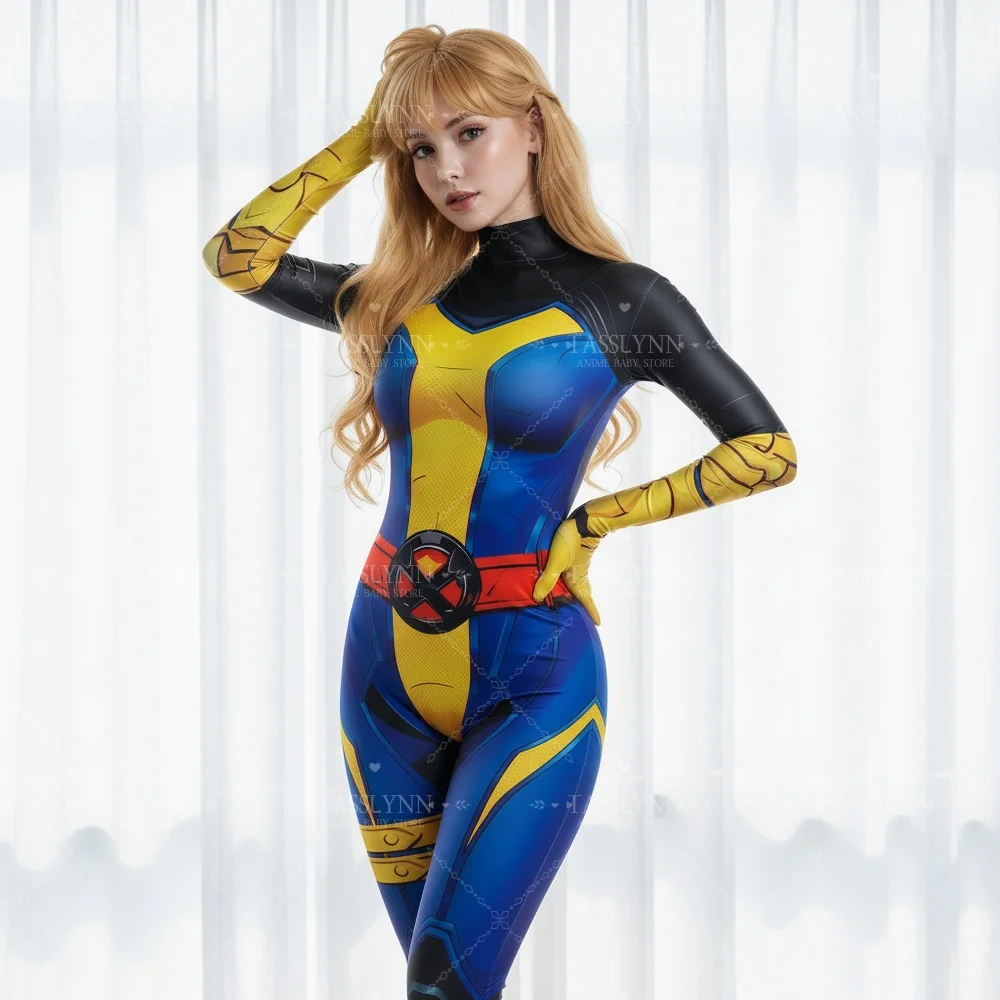 Marvel Rivals Magik Cosplay Zentai Bodysuit, Blue Yellow Armor Print Jumpsuit, Women Superhero Costume for Halloween Comic Con view 5