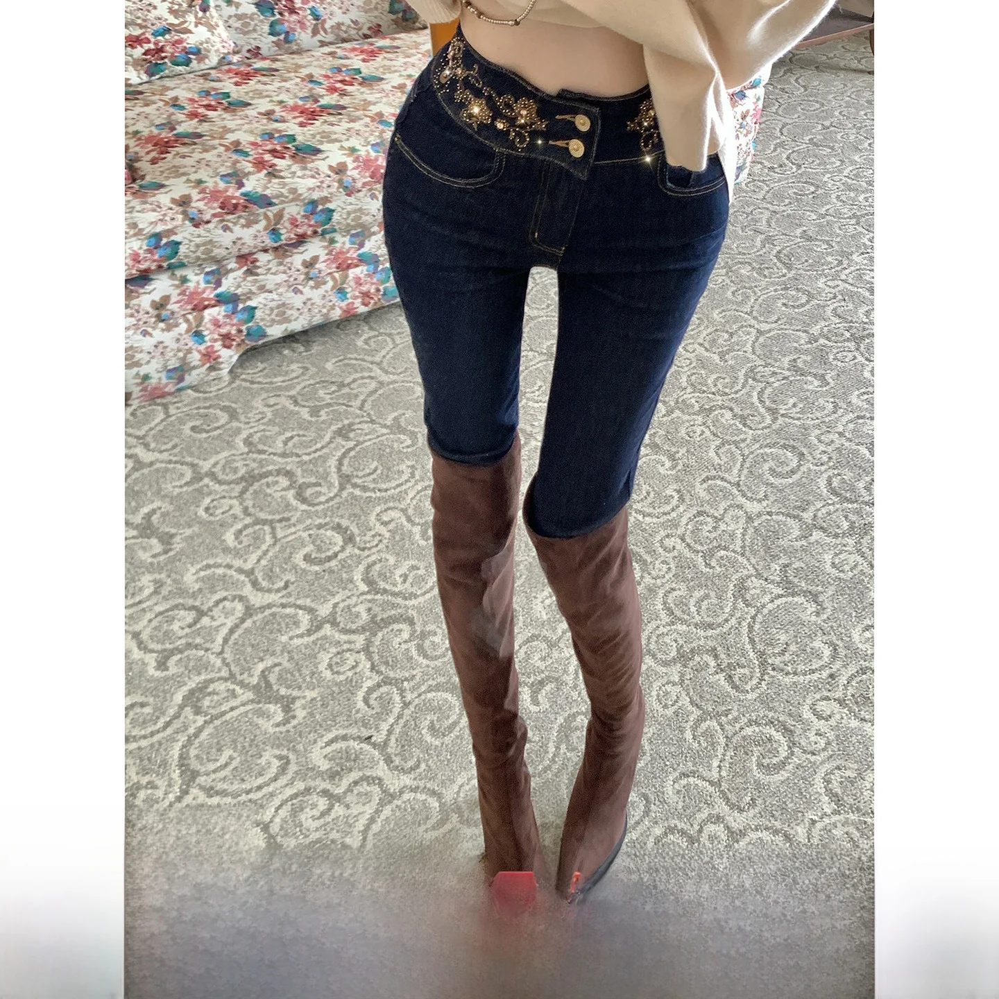 Syqiao Women's Slim Fit Jeans High Elastic Heavy Embroidery Rhinestone Embellished Cotton Stretchy Autumn Fashion Ladies Jeans