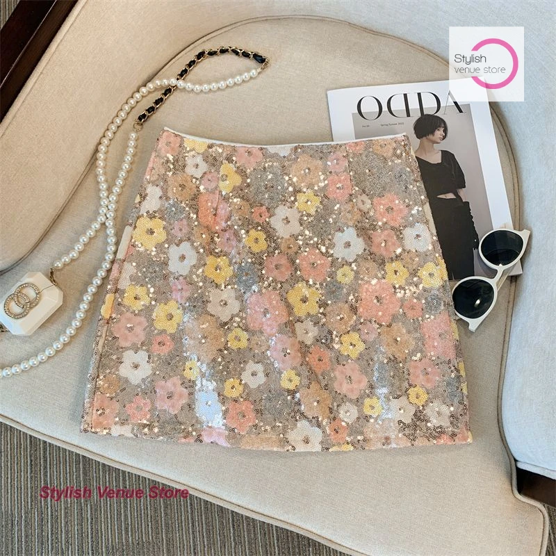 French heavy industry silver sequined flower skirt female fashion Western-style high-end waist slim summer temperament skirt.