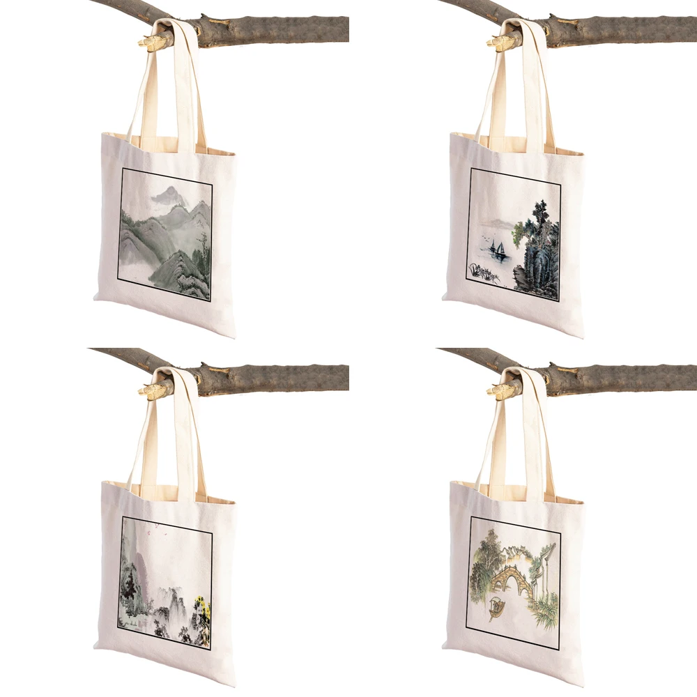 Ladies Supermarket Shopper Bag Chinese Ink Bamboo Shopping Bag Woman Shopper Folding Canvas Tote Travel Bags Designer Handbags