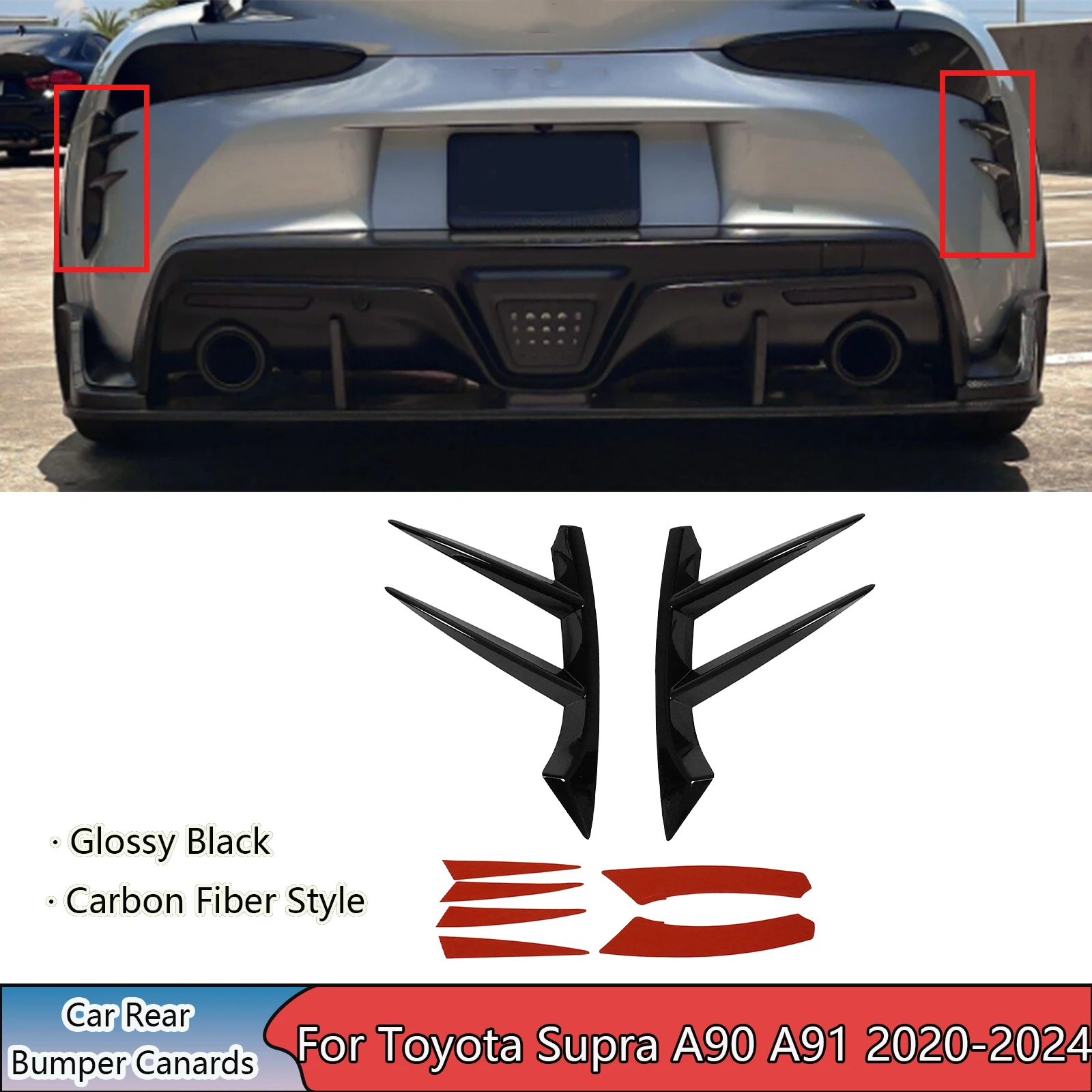 

For Toyota Supra A90 A91 2020 2021-2024 Rear Bumper Canards Trim Cover Carbon Fiber Style Glossy Black A Pair Car Accessories