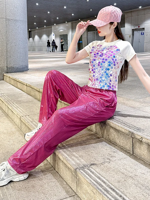 Adult Jazz Dance Performance Outfit Loose Shiny Sequin Top Modern Group Dance Show Costume Set Casual Stage Performance Wear