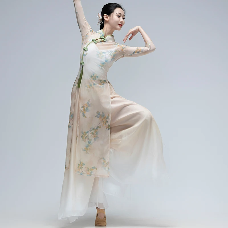 전통 중국 무용 의상 빈티지 Qipao 드레스 + 바지 세트 국립 꽃 프린트 민속 무용 무대 공연 의상