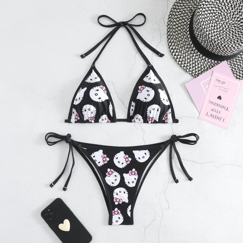 2-częściowy zestaw Bikini Sanrio HelloKitty lato plaża słodkie kreskówki moja melodia miękkie wiozane na boku majtki seksowne Bikini strój kąpielowy