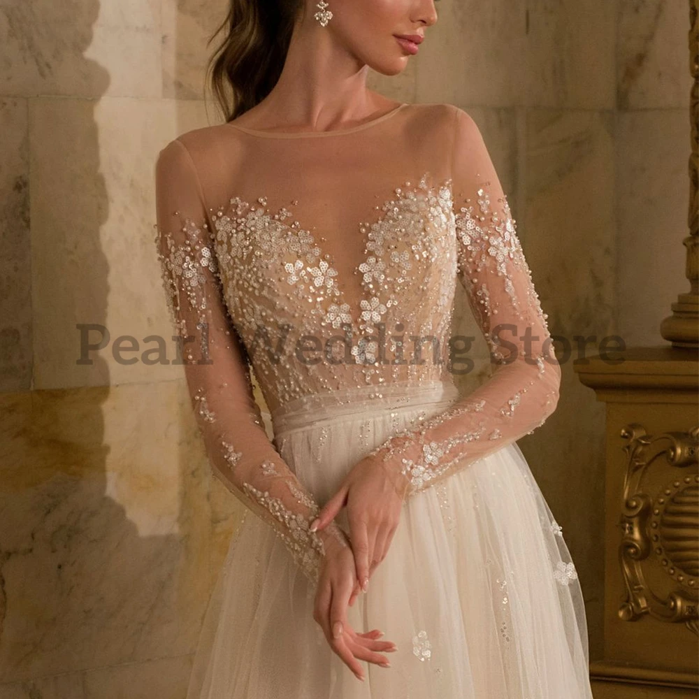 Elegant Wedding Dresses O-Neck Tulle Illusion Romantic Full Sleeve Beading with Belt Side Split Beach Seaside Marry Gowns