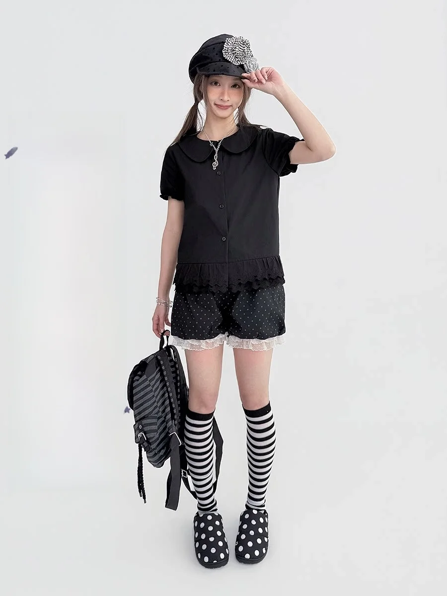 

Черная женская универсальная рубашка с коротким рукавом и воротником-стойкой, с рюшами и рукавами-фонариками, из легкого дышащего хлопка, в стиле Y2K