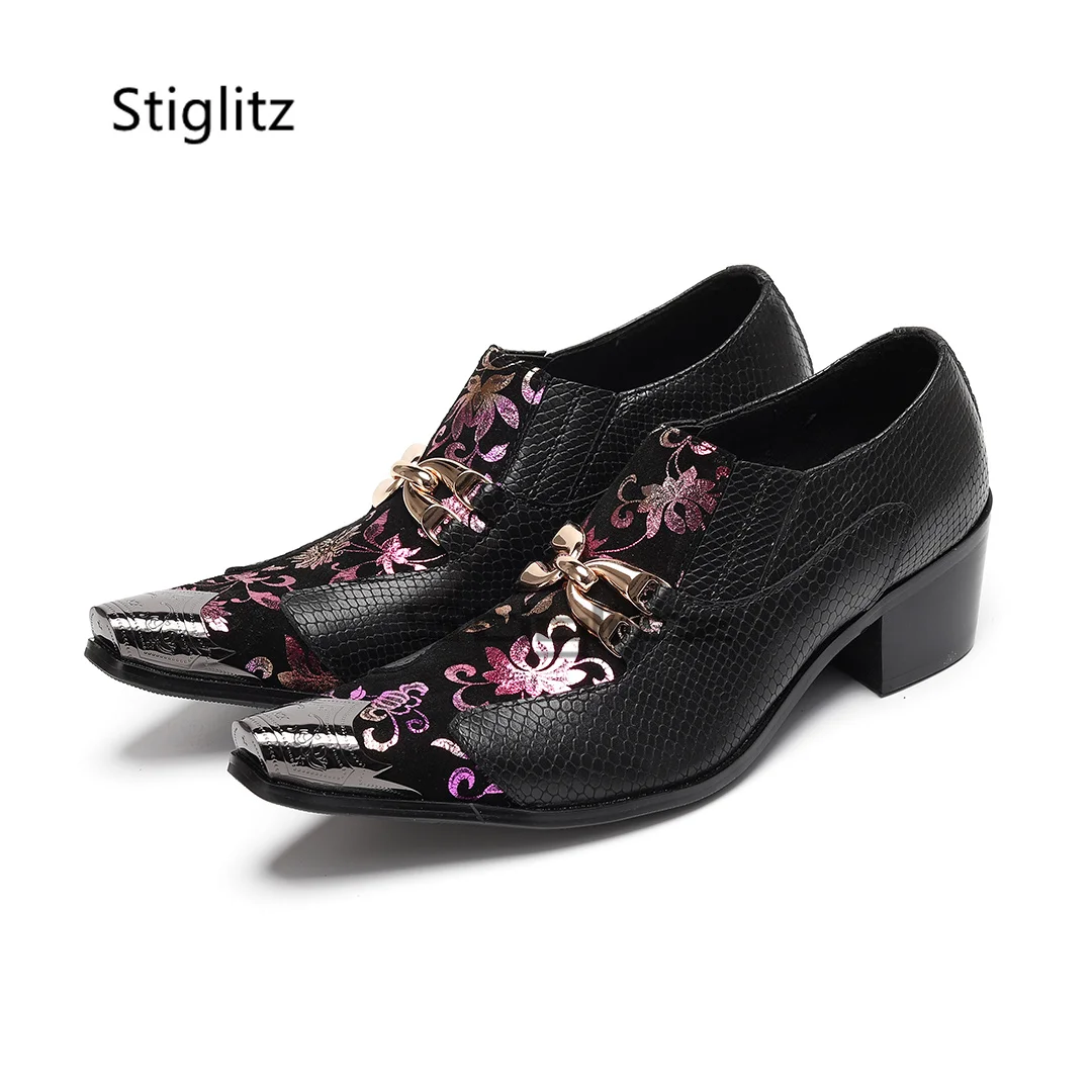 

Men's Prints Leather Shoes Black Genuine Cowhide Dress Metal Buckle Pointy Patchwork Slip On High Heels Business Party Shoes