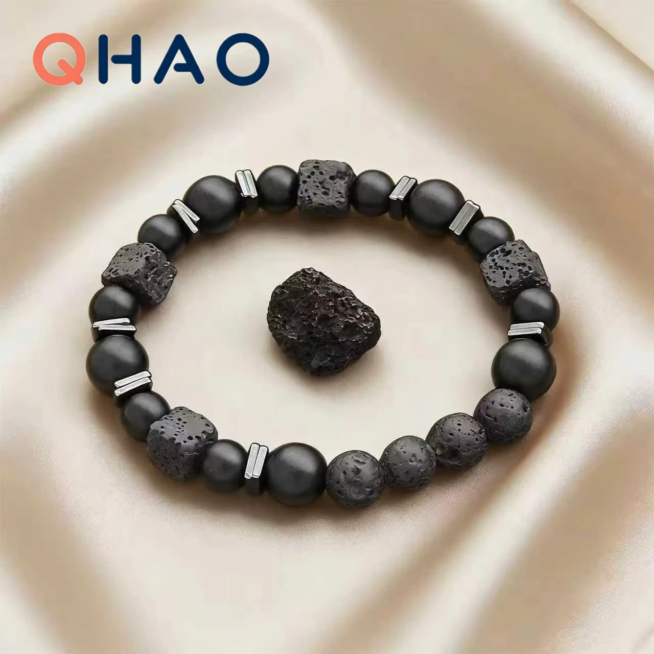Natürliches mattschwarzes Onyx-Würfel-Lava-Armband für Männer, Balance-Stein-Geschenk, 1 Stück, Paar-Armband, Geschenk