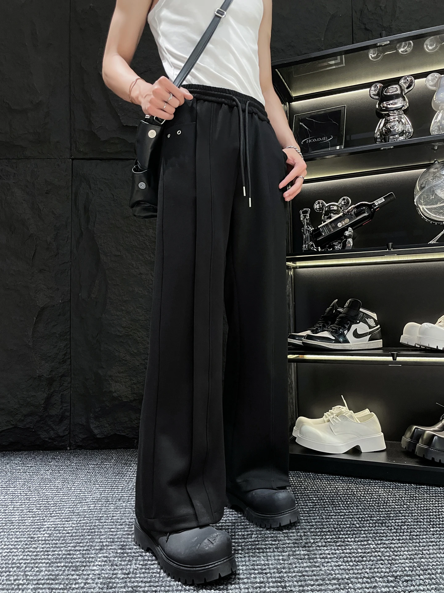 

HOMME мужские спортивные повседневные брюки с эластичной резинкой на талии, черные драпированные спортивные штаны, прямые длинные брюки длиной до пола, молодежная мода