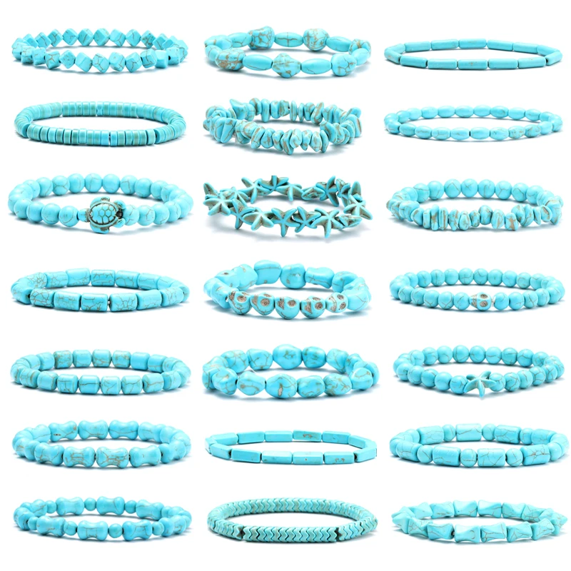 Turquoises Bracelets for Women Men Reiki Natural Stone Cube Cylinder Irregular bracelet  Resilient Bracelet Healing Jewelry Gift