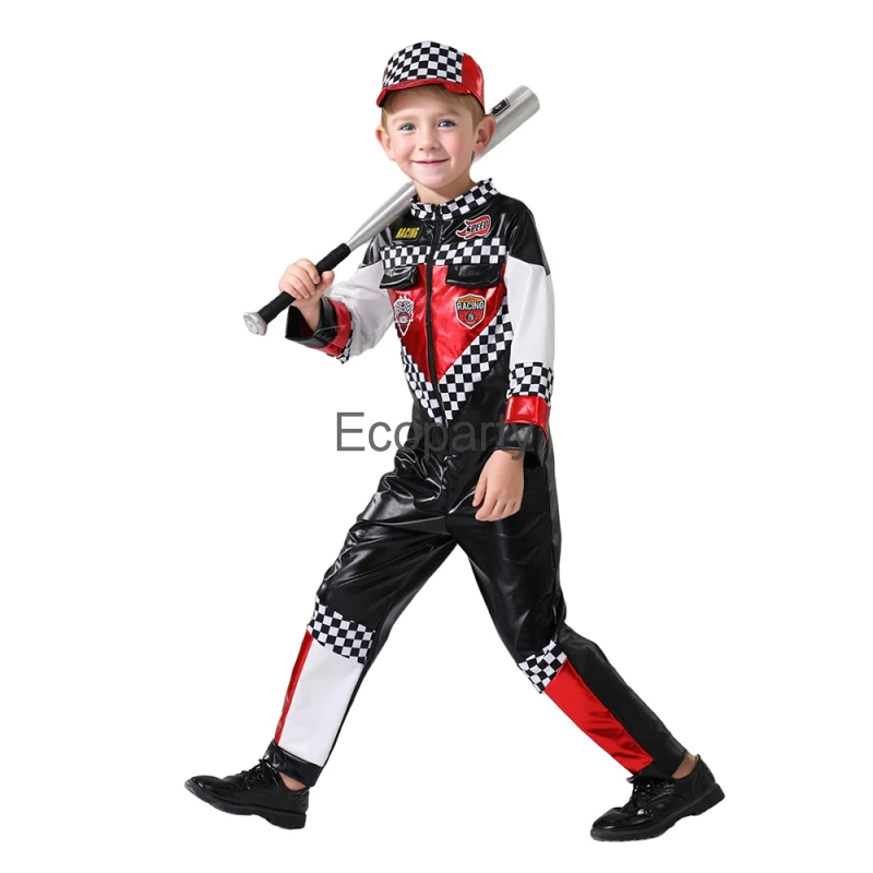 Kids Racer Cosplay Clothes Halloween Fancy Car Driver Racer Uniform Jumpsuit With Hat Children Career Experience Cosplay Costume