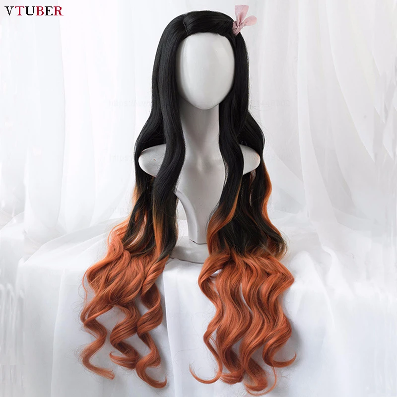 

Dyeing Kamado Nezuko Cosplay Wig High Quality 95cm Gradient Long Curly Heat Resistant Synthetic Hair Anime Cosplay Wigs + WigCap