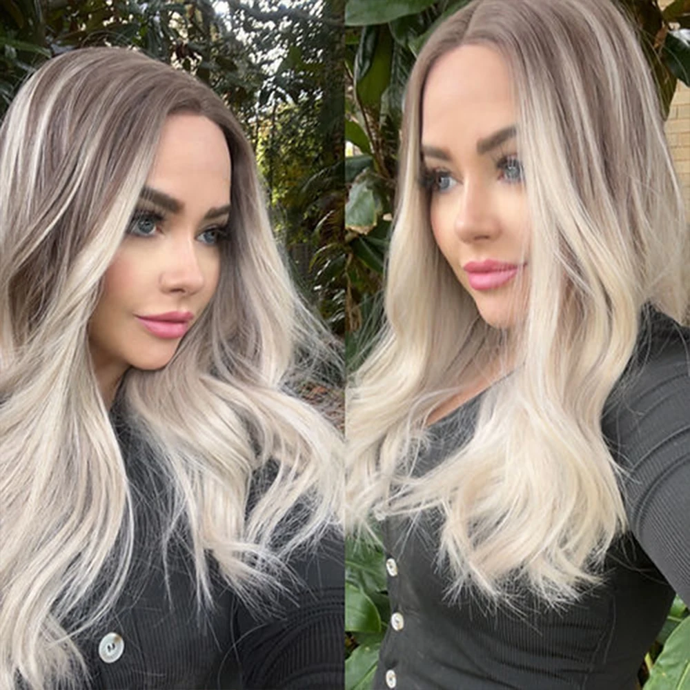 أخف شقراء Balayage الاصطناعية الشعر البني جذور جميلة صديقة للحرارة الألياف الدانتيل الجبهة الباروكة تبدو وكأنها شعر الإنسان غلويليس