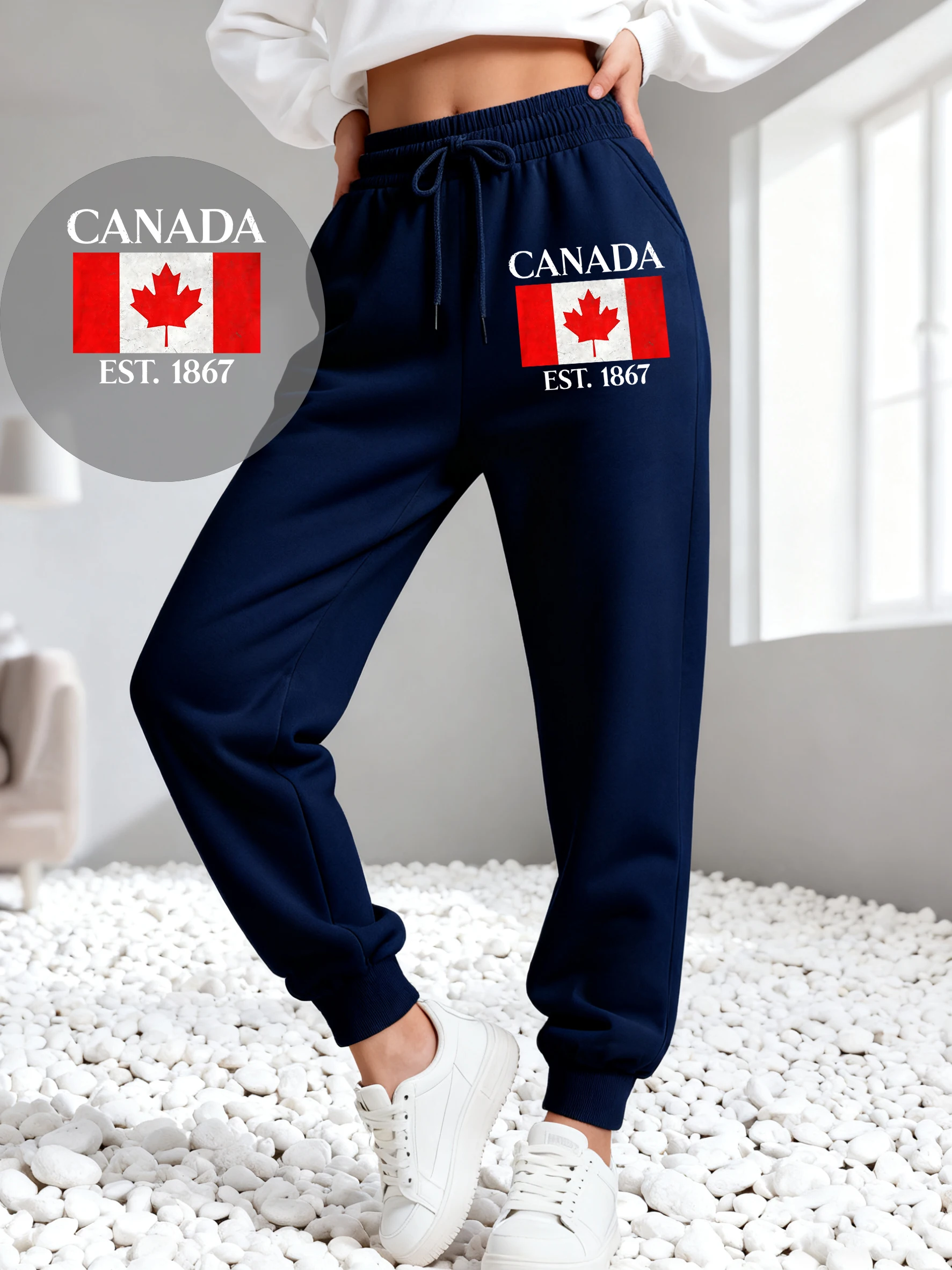 Canada City 1867 Letter Art Printing Women Sweatpants Trendy Hip Hop Trousers Drawstring Pocket Sweatpant Fleece Autumn Pants