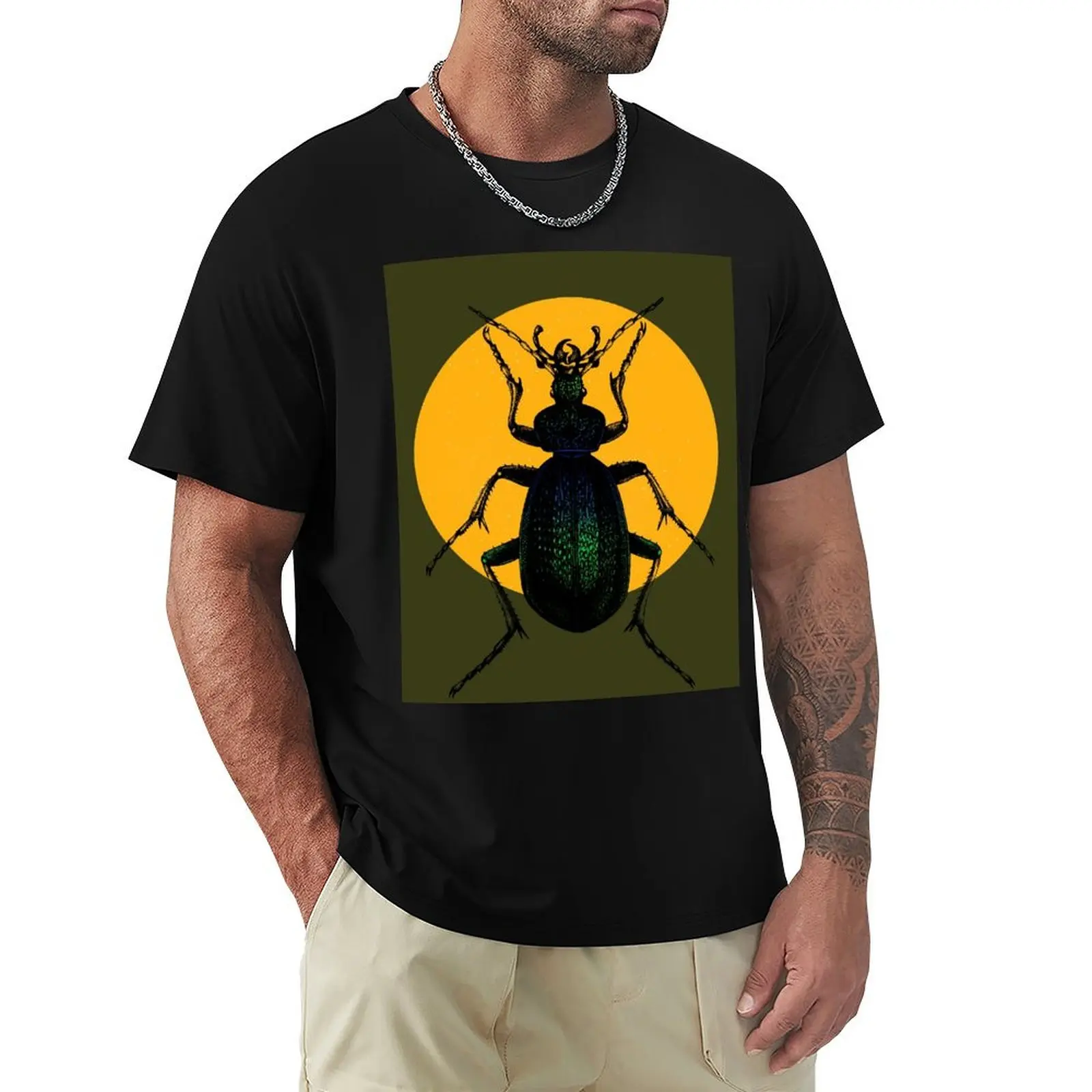 

Beetle on yellow circle and olive background T-Shirt cute tops blue archive shirts graphic tops mens tall t shirts
