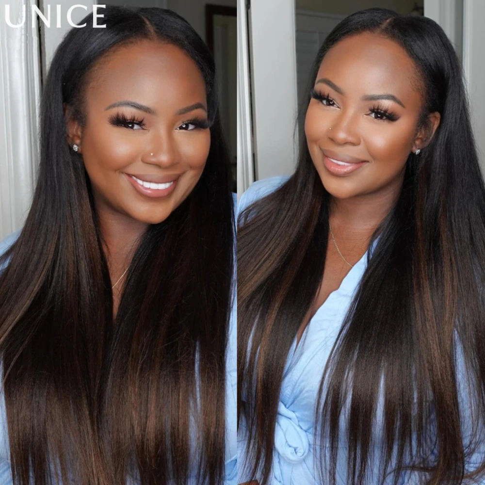 

UNice Chestnut Brown Ombre Yaki Straight Human Hair V Part Wig With Drawstring Fit For All Head Sizes 180% Density