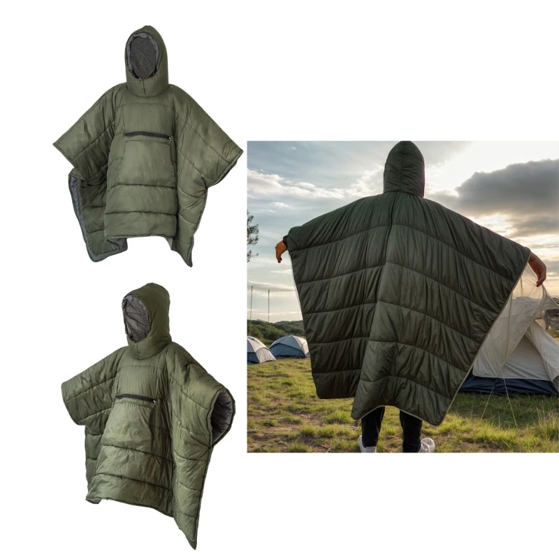 Outdoor Camping Warm Sleep Bag Winter Poncho Wearable Cloak with Large Pockets Portable Windproof Hooded Blanket