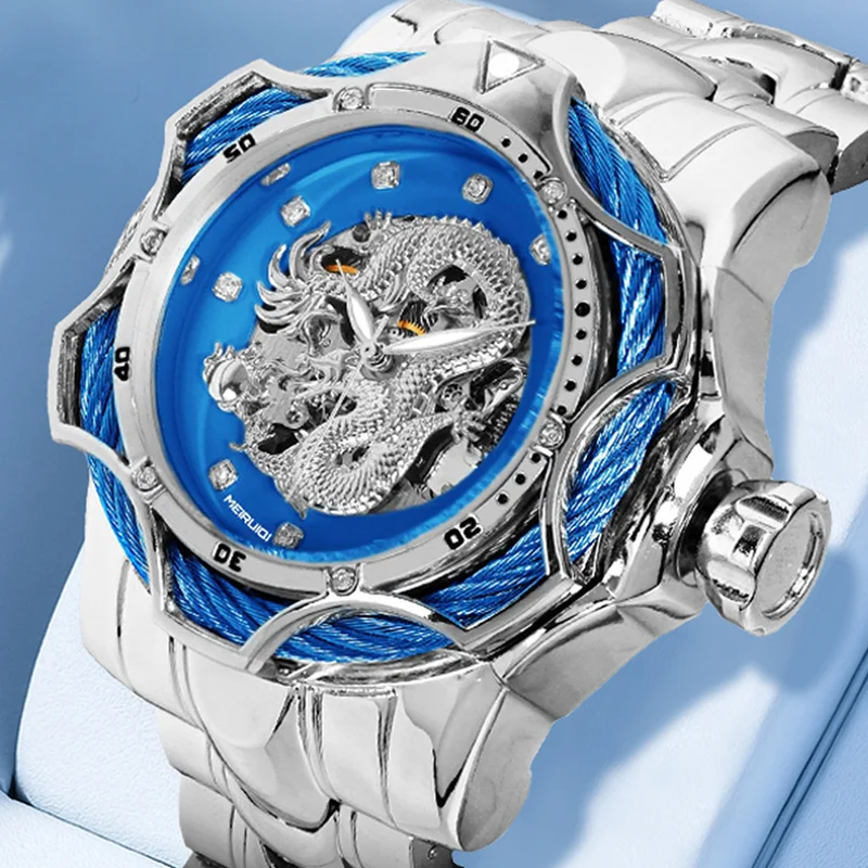 A men's silver blue retro style classical carved silver dragon fully automatic mechanical watch