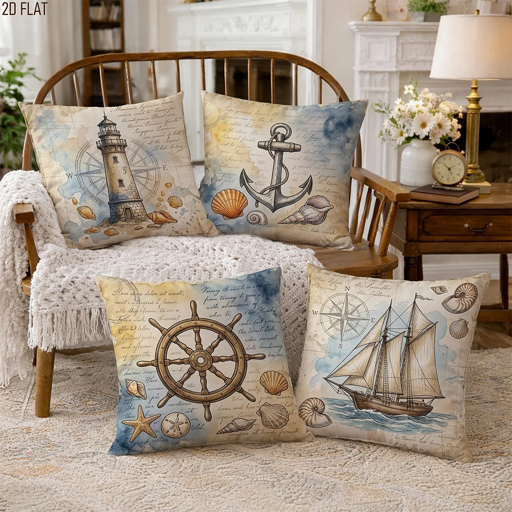 1/4pcs Vintage Nautical Throw Pillow Covers, Coastal Farmhouse Marine Decor with Lighthouse,Anchor,Ship Wheel & Sailboat Designs