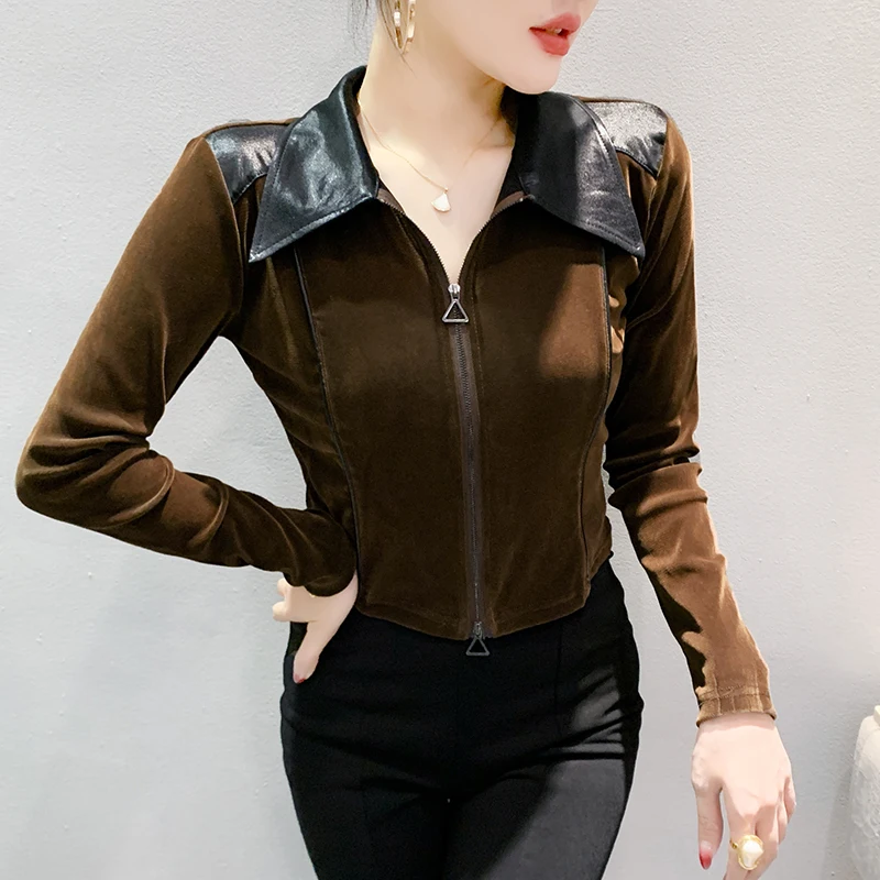 

2025,New,European,Clothes,Flocking,Short,T-shirt,Chic,Sexy,Lapel Zipper,Patchwork,Women,Streetwear,Tops,Long Sleeve,Tees,41210