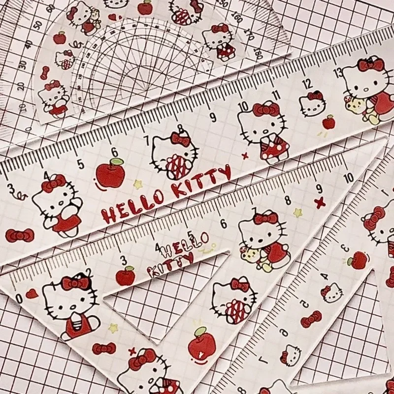 Hello Kitty Anime Kawaii Sanrio Ins Children Ruler Set Cute Cartoon School Supplies Student Stationery Set Triangle Kids Gifts