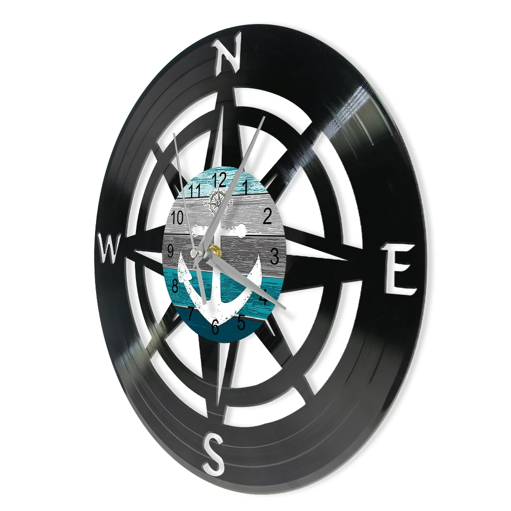 Rose Compass Vinyl LP Record Wall Clock Nautical Home Decor Timepieces Maritime Handicraft Art Carved Music Album Wall Clock