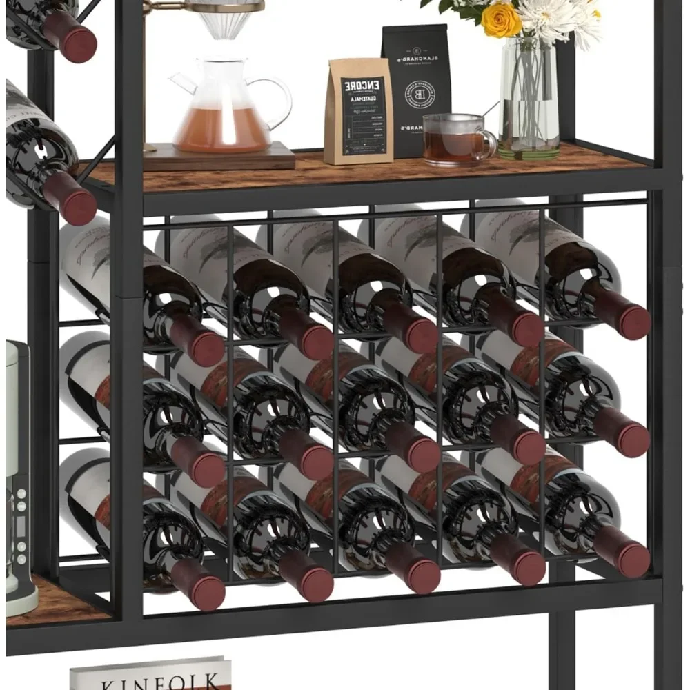 Tall Wine Bar Cabinet - 5 Tier Industrial Liquor Cabinet with Glass Holder & Farmhouse Metal Coffee Bar Storage