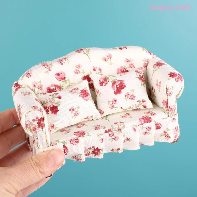 1 Set 1:12 Dollhouse Double Sitting Sofa With Pillow Kit Doll House Furniture Simulation Miniature Living Room Pretend Play - view 5