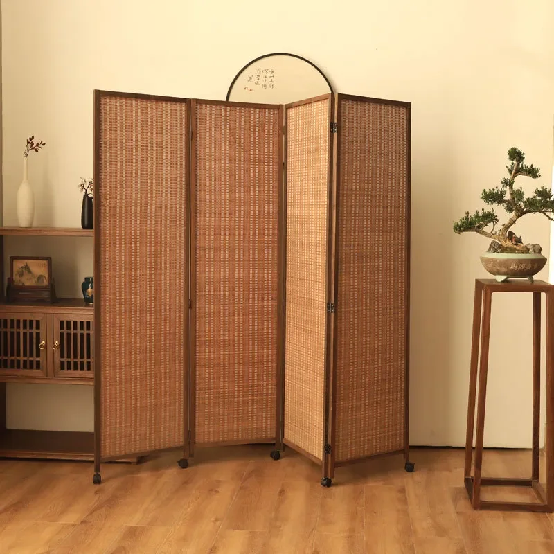 Japanese Retro Folding Room Divider Sliding Screen Partition for Living Room Bedroom Entrance Simple Pulley Design Removable