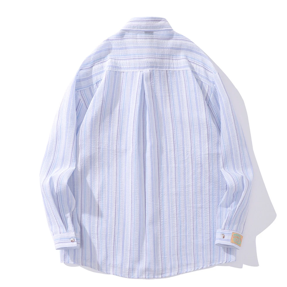 Striped Button Up Casual Men's Shirt Long Sleeve Outerwear Shirts for Man Blue Pink