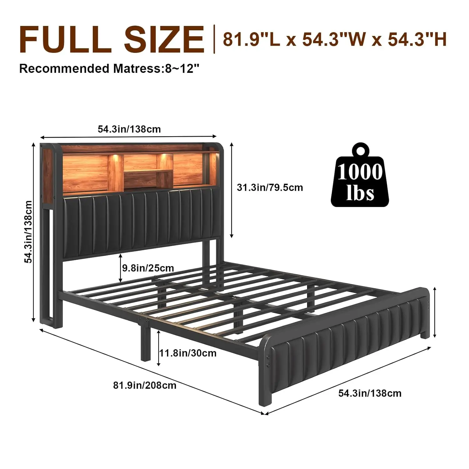 54in Upholstered Metal Platform Bed w/ LED Headboard Storage USB Charging Noise-Free No Box Spring Black, Customized