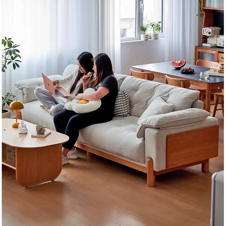 Solid wood fabric sofa, cream wind cherry wood removable sofa