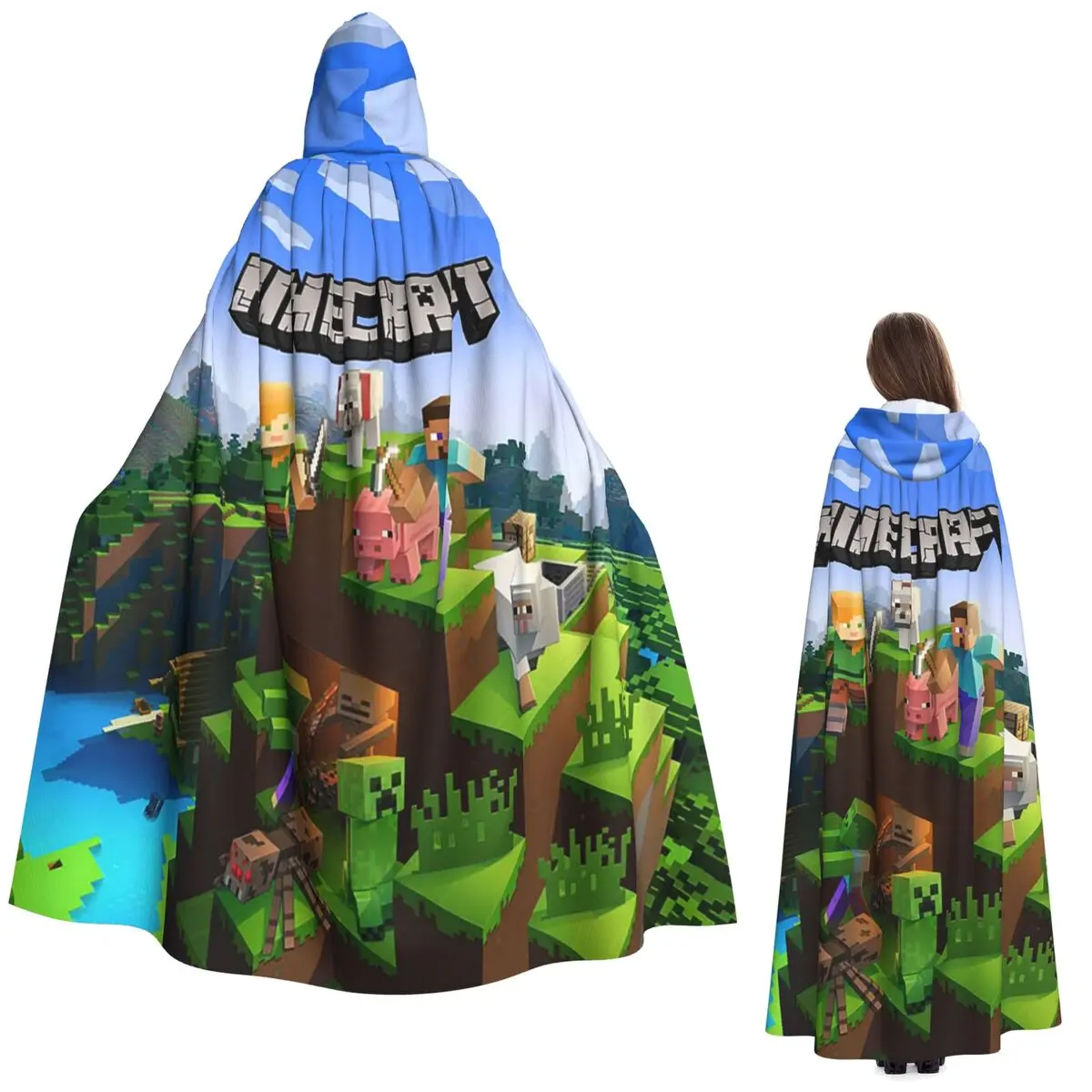 

Cartoon MiniCraft Long Hooded Cloak Witch Medieval Costume Cosplay Cape HalloweenCoat Adult Unisex