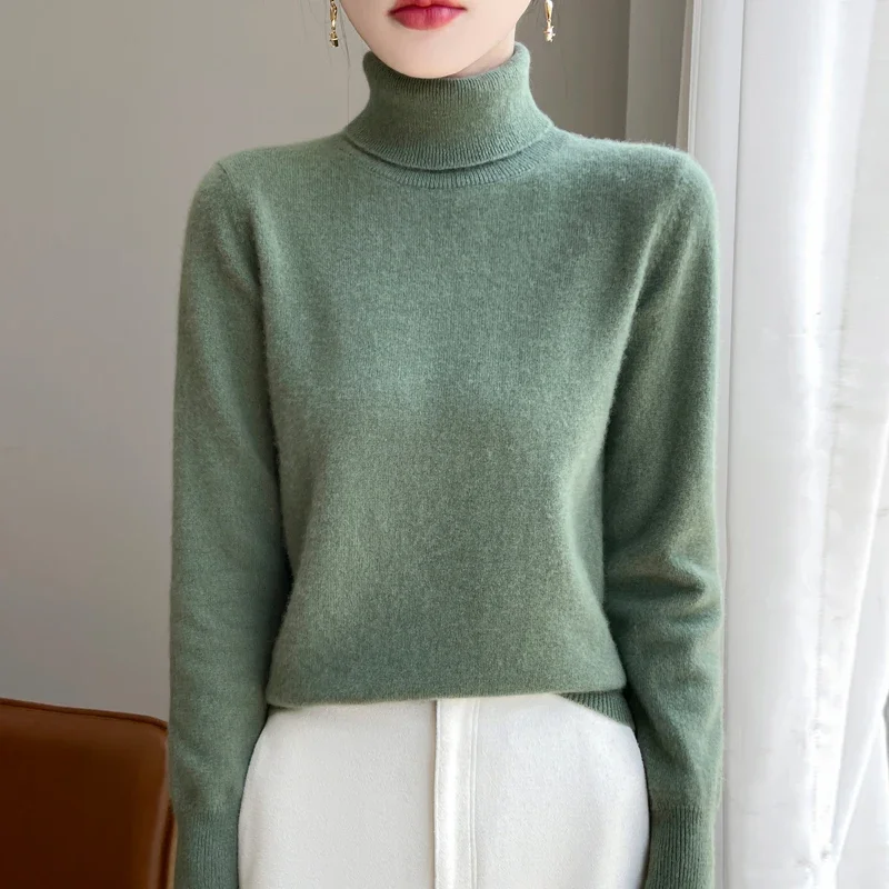 

Pop 100% Merino Wool Sweater Women Turtleneck Knit Long Sleeve Tops Autumn Winter Korean Fashion Casual Loose Warm Female Pullov