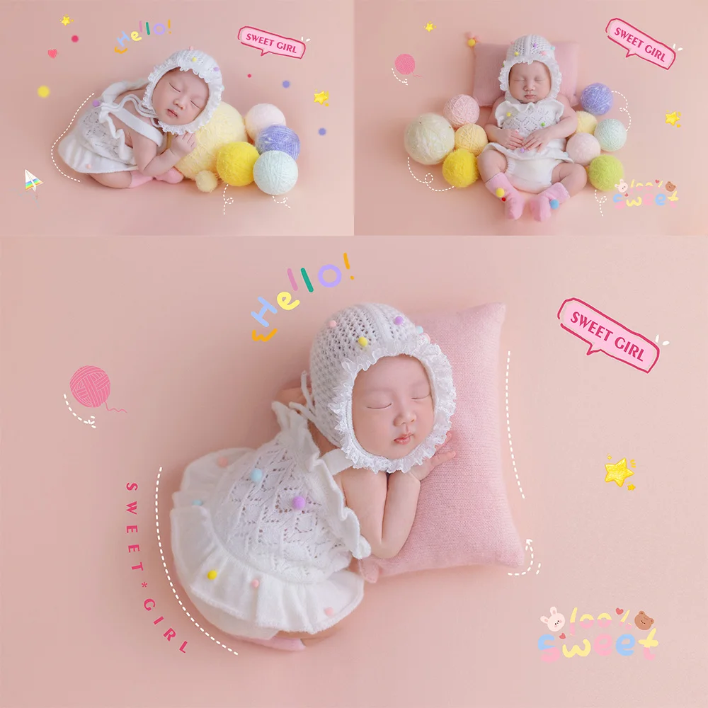 Cute Newborn Photography Props Handmade Knit Baby Bonnet+photo Outfit Colorful Yarn Pom-Pom Decor Props for Studio Baby Shooting